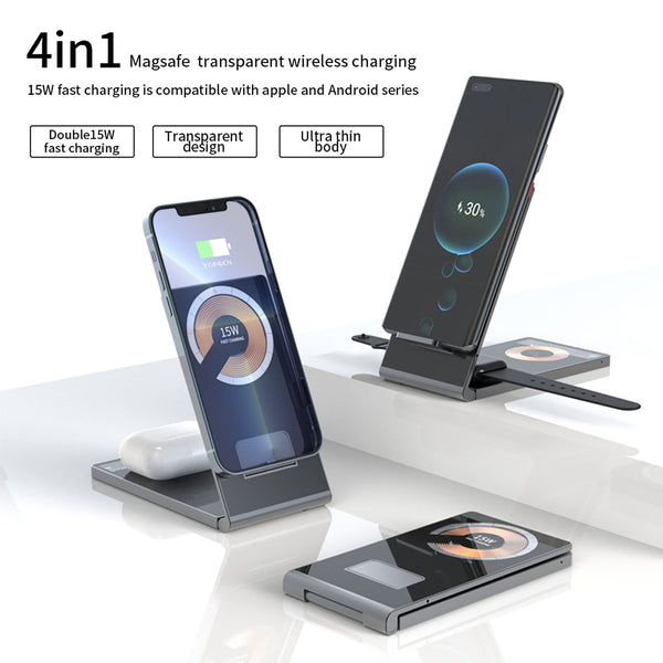 Tempered glass 4 in 1 Foldable Wireless Charger- Magnetic Wireless Charging   for iPhone  Series, Apple Watch, AirPods